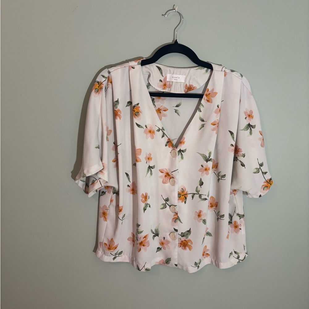 Floral V-Neck Blouse - Cream and Orange